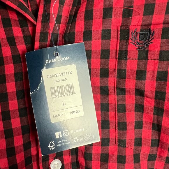 NWT Chaps Easy Care Buffalo Check Plaid Buttondown Shirt Red Black Size Large L - Picture 7 of 11